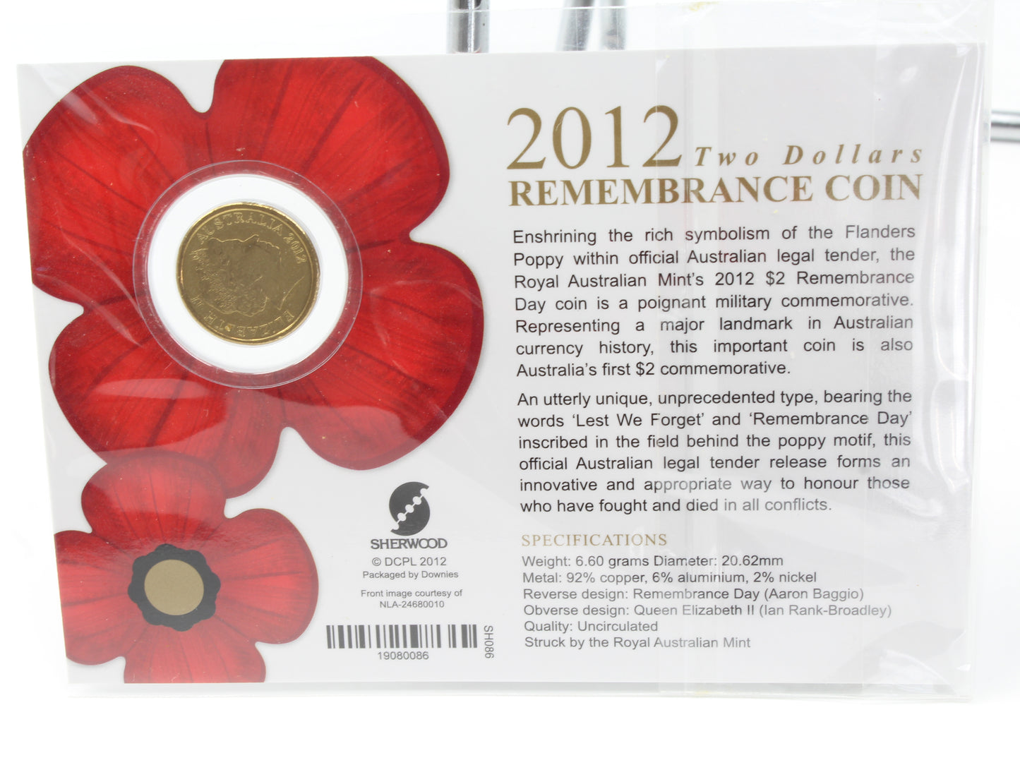 2012 Australia $2 Remembrance Gold Poppy Uncirculated Coin on Card