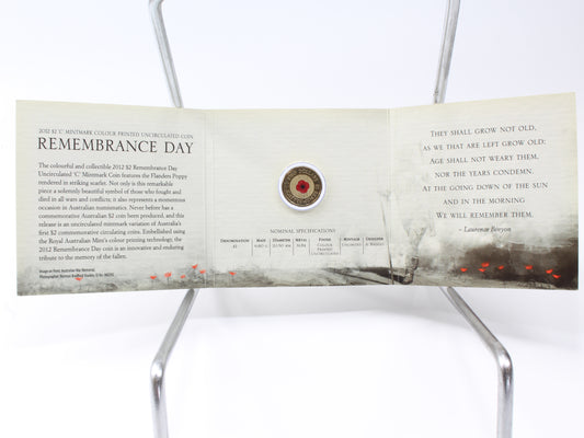 2012 Australia $2 Remembrance Day 'C' Mintmark Red Poppy Coloured Coin On Card