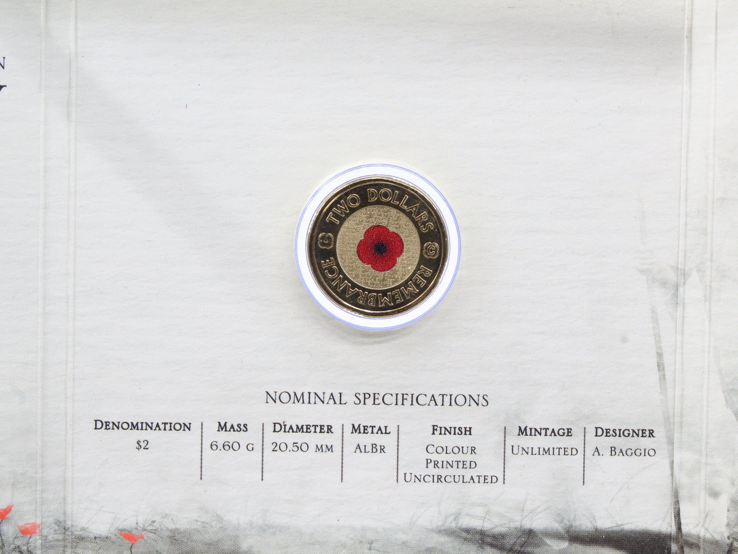 2012 Australia $2 Remembrance Day 'C' Mintmark Red Poppy Coloured Coin On Card