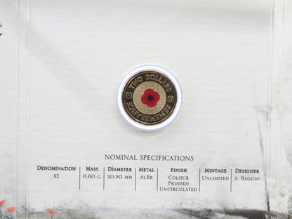 2012 Australia $2 Remembrance Day 'C' Mintmark Red Poppy Coloured Coin On Card