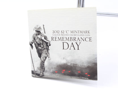 2012 Australia $2 Remembrance Day 'C' Mintmark Red Poppy Coloured Coin On Card