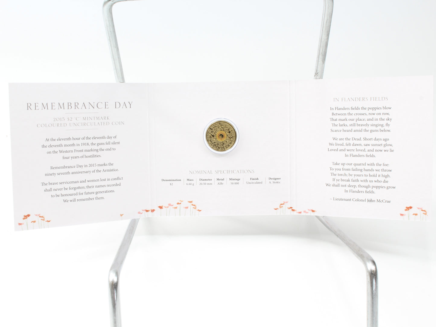 2015 Australia $2 Remembrance Day  'C' Mintmark  Coloured UNC Coin On Card
