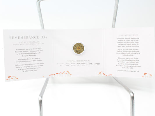 2015 Australia $2 Remembrance Day  'C' Mintmark  Coloured UNC Coin On Card