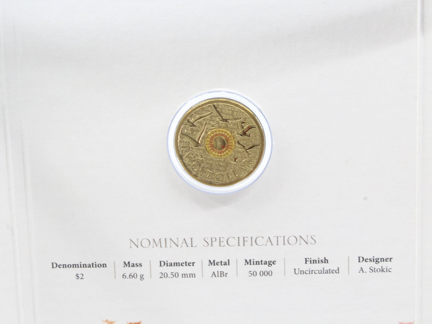 2015 Australia $2 Remembrance Day  'C' Mintmark  Coloured UNC Coin On Card