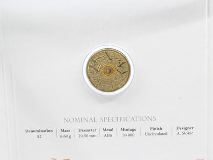 2015 Australia $2 Remembrance Day  'C' Mintmark  Coloured UNC Coin On Card
