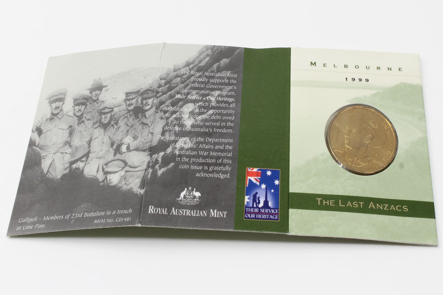 1999 Australia $1 The Last ANZAC S & M Mint Mark Uncirculated Coin On Card