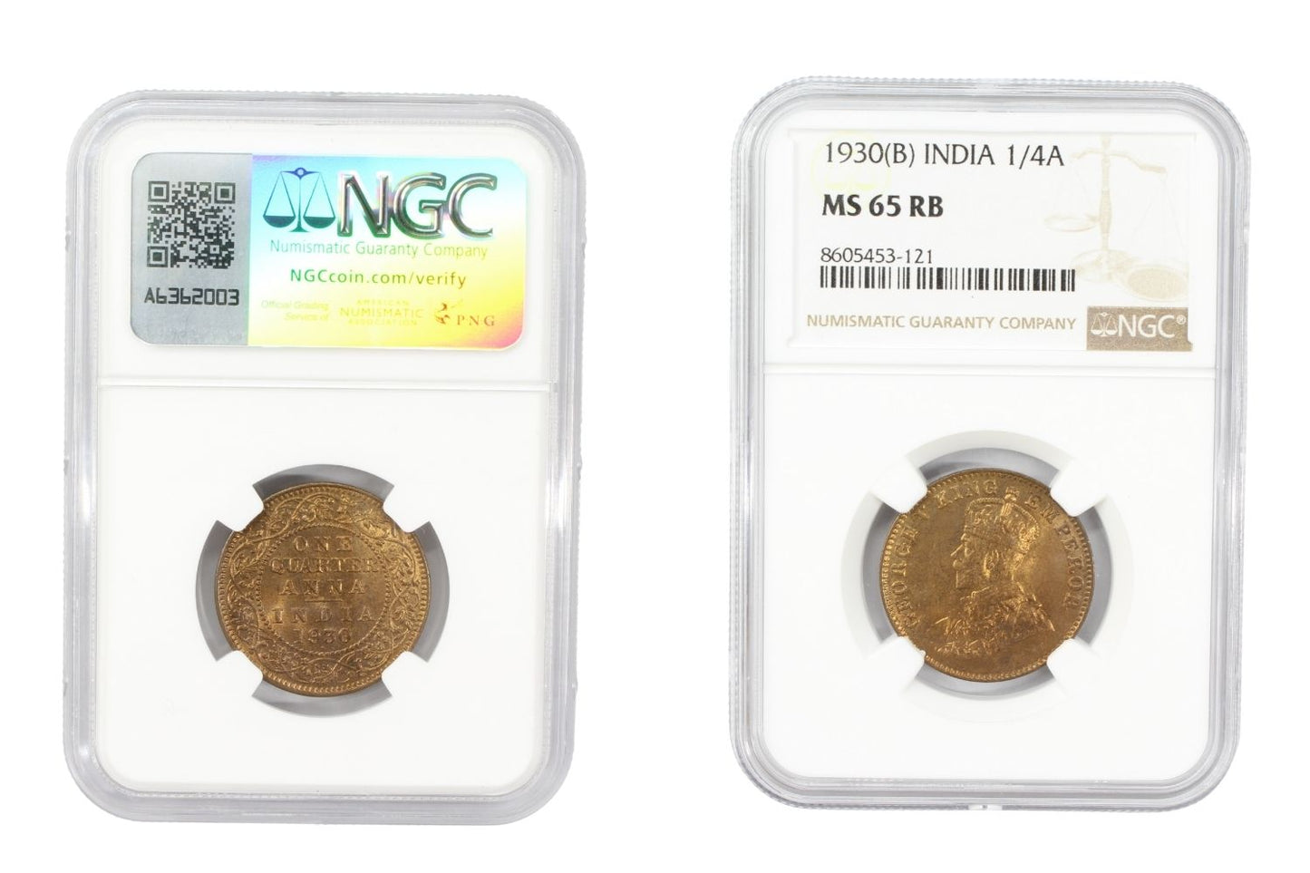 1930(B) British India 1/4 Anna Coin NGC MS 65 RB
