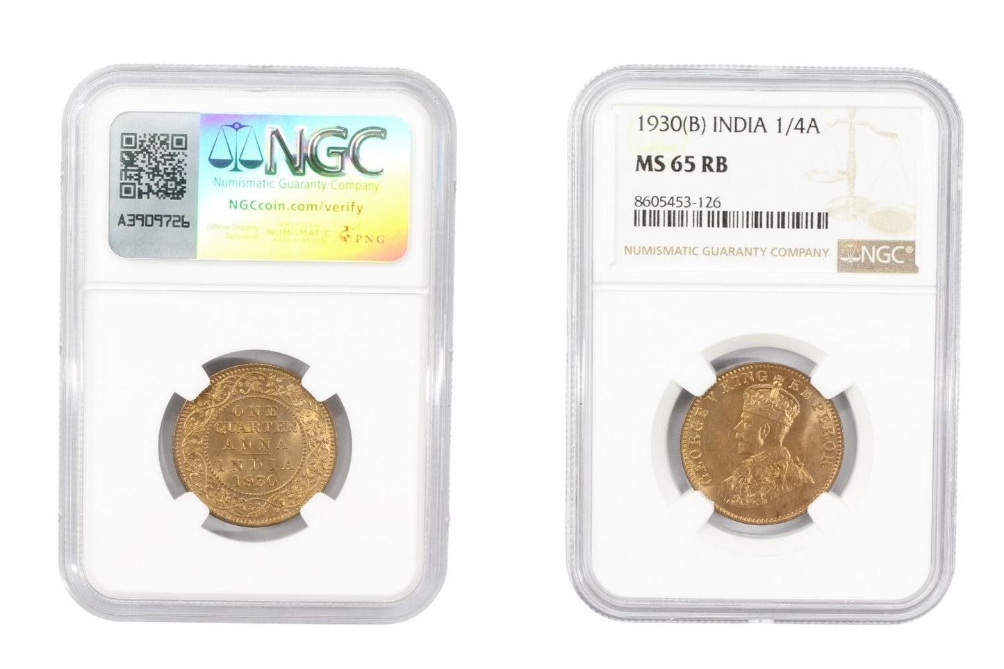 1930(B) British India 1/4 Anna Coin NGC MS 65 RB