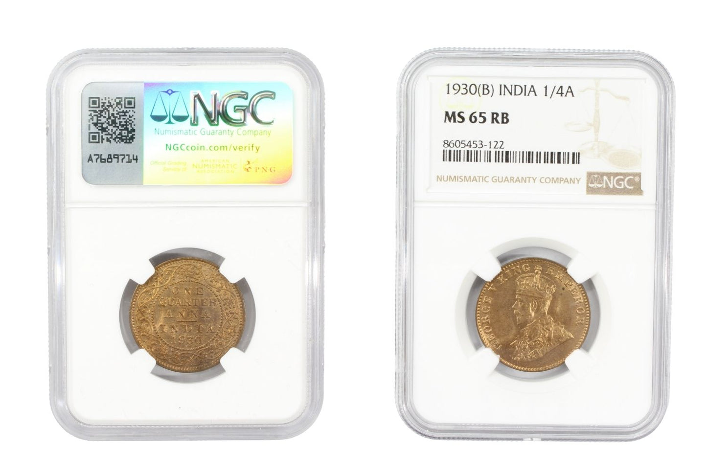 1930(B) British India 1/4 Anna Coin NGC MS 65 RB