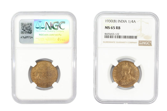 1930(B) British India 1/4 Anna Coin NGC MS 65 RB