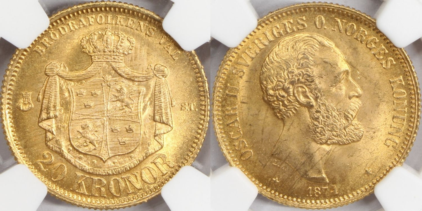 1874 Sweden Oscar II 20 Kroner Type 1 Gold Coin NGC MS 65