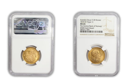 1874 Sweden Oscar II 20 Kroner Type 1 Gold Coin NGC MS 65