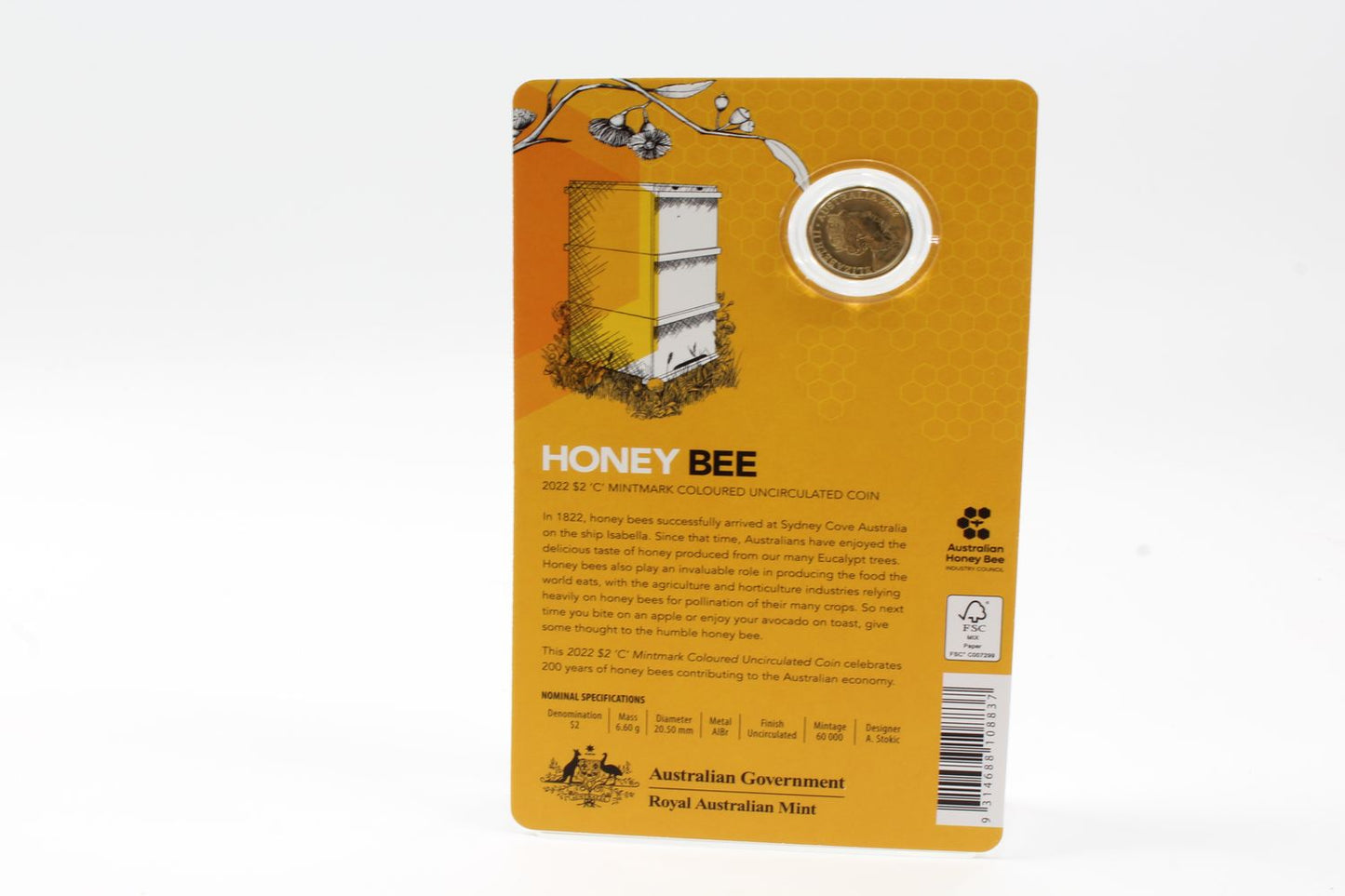 2022 Australia $2 Honey Bee 'C' Mintmark Coloured Coin On Card