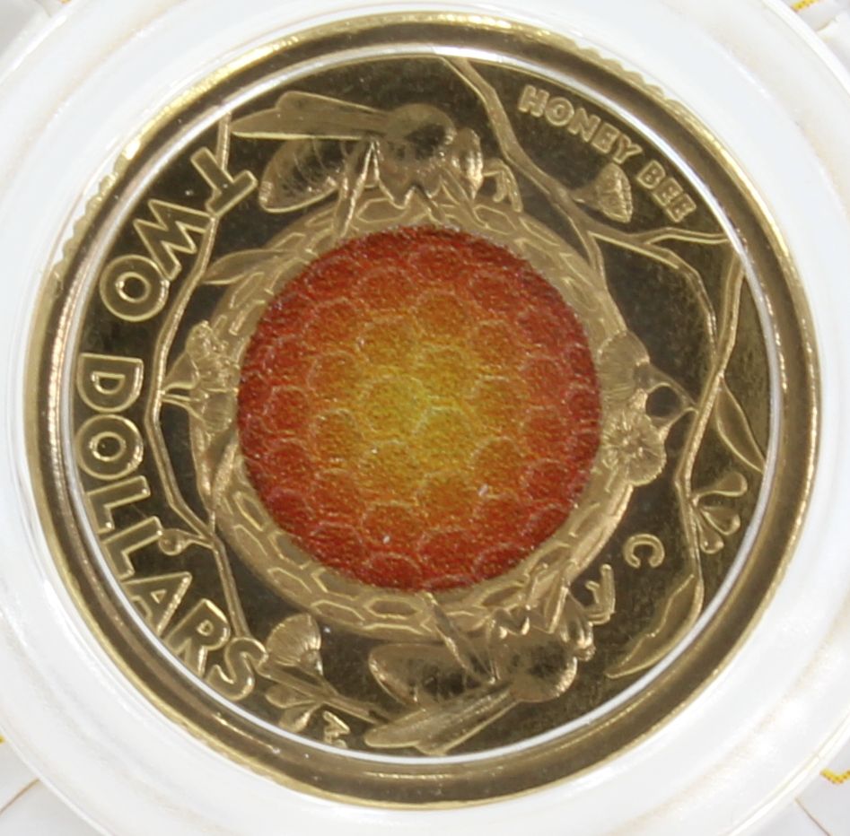 2022 Australia $2 Honey Bee 'C' Mintmark Coloured Coin On Card