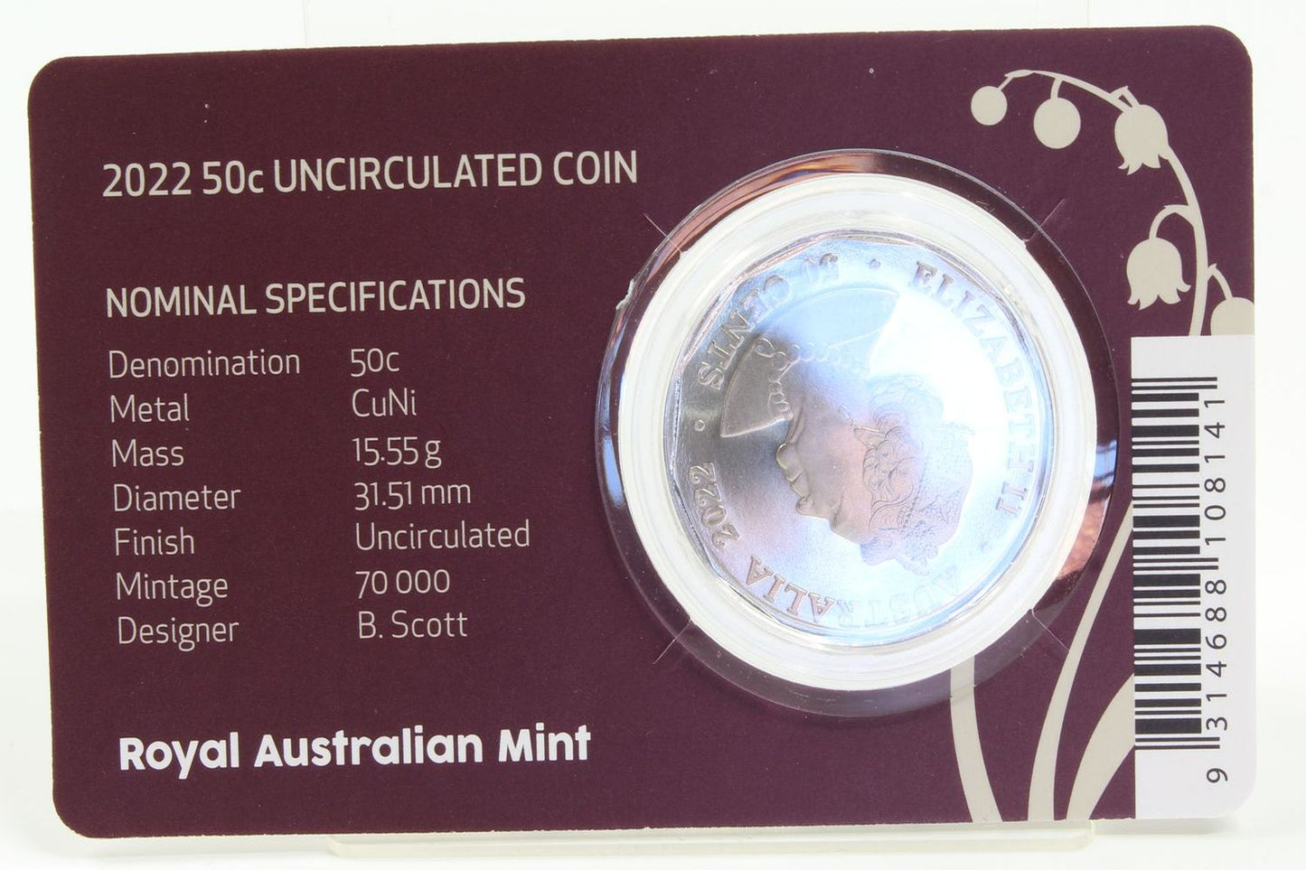 2020 Australia 50Cent Platinum Jubilee of Queen Elizabeth II UNC Coin On Card