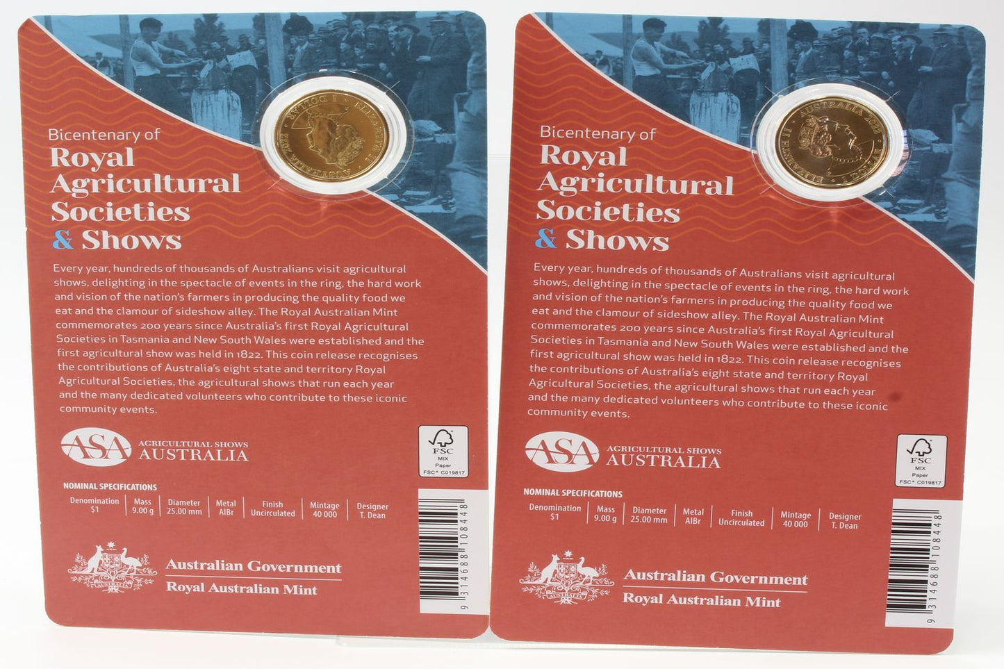 2022 Australia $1 Bicentenary of Royal Agricultural Coloured Coin On Card