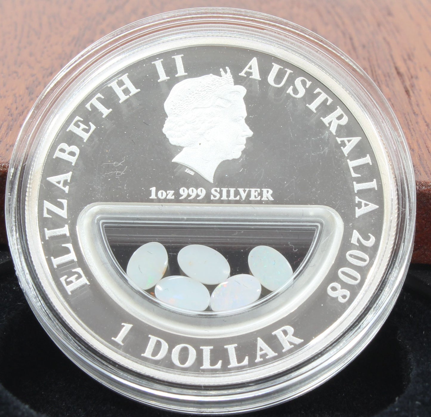2008 Australia $1 Treasures of Australia Opals 1oz Silver Proof Locket Coin