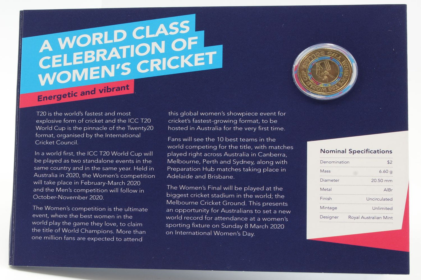 2020 Australia $2 ICC Women's T20 World Cup Coloured UNC Coin On Card X5