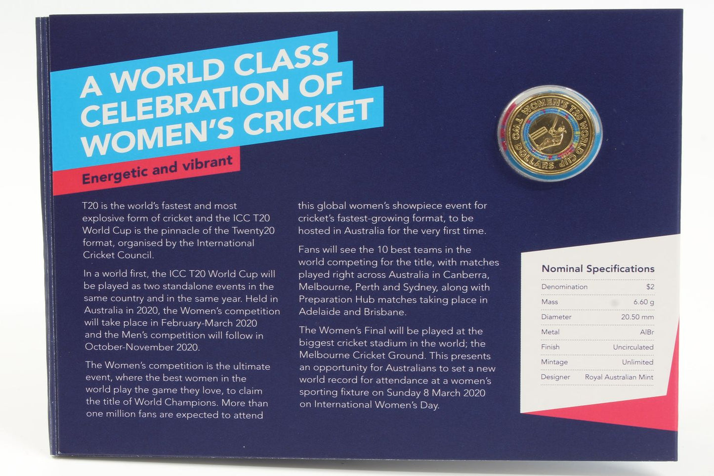 2020 Australia $2 ICC Women's T20 World Cup Coloured UNC Coin On Card X5