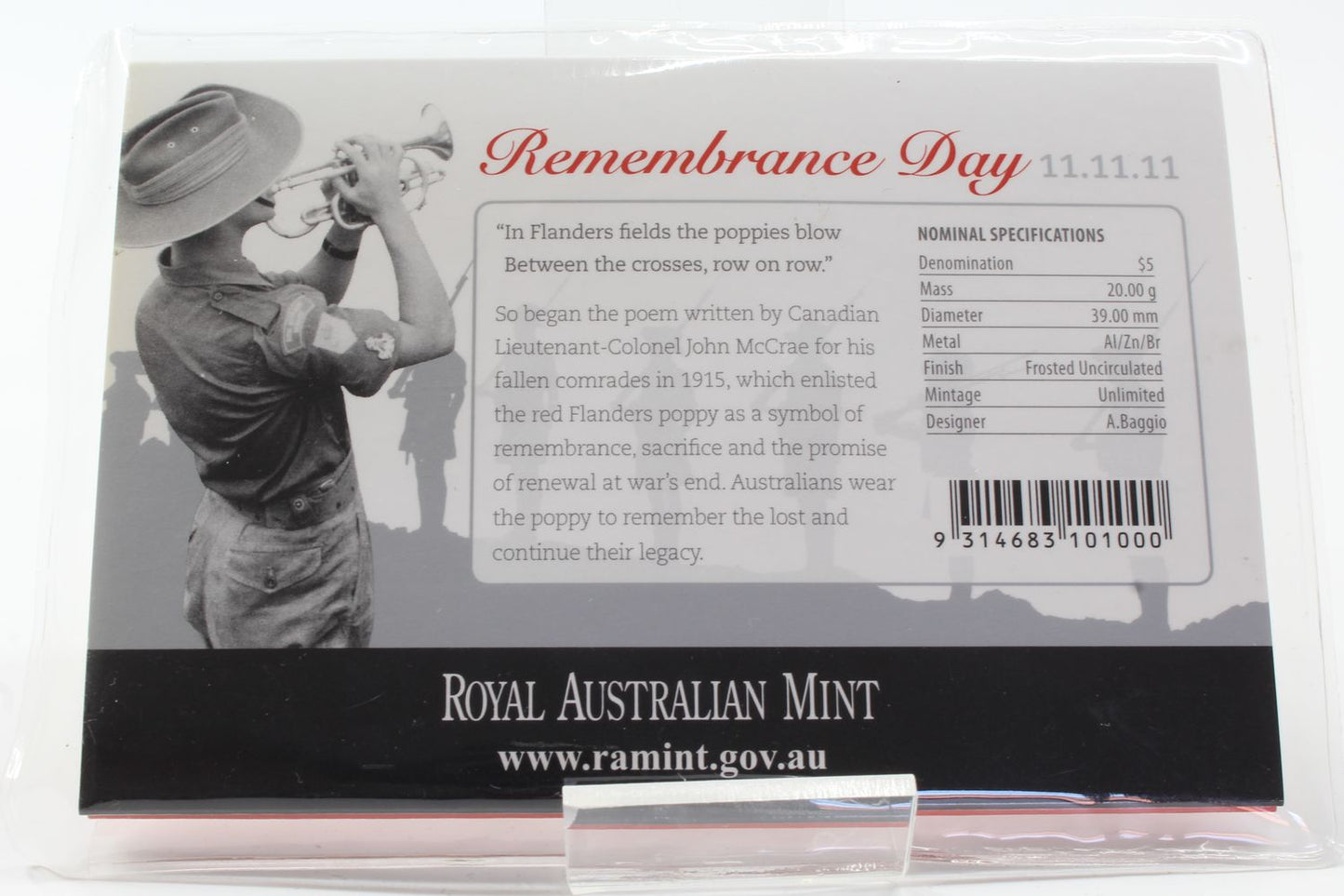 2011 Australia 11.11.11 Remembrance Day $5 Frosted UNC Pad Printed Coin