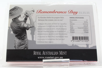 2011 Australia 11.11.11 Remembrance Day $5 Frosted UNC Pad Printed Coin