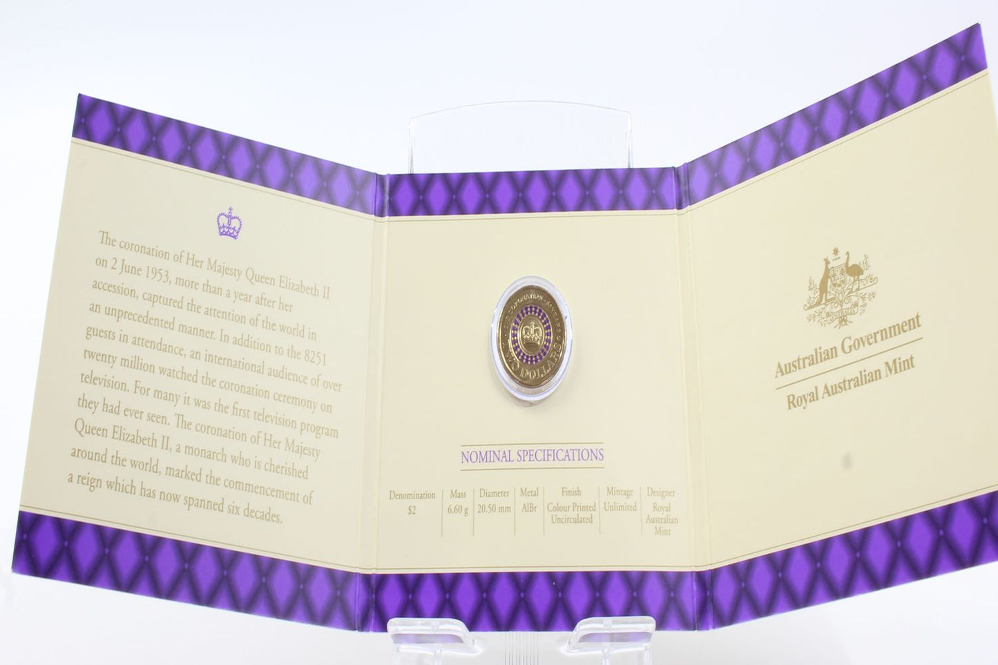 2013 Australia Coronation Queen Elizabeth ll 60th $2 Coin Coloured C On Card