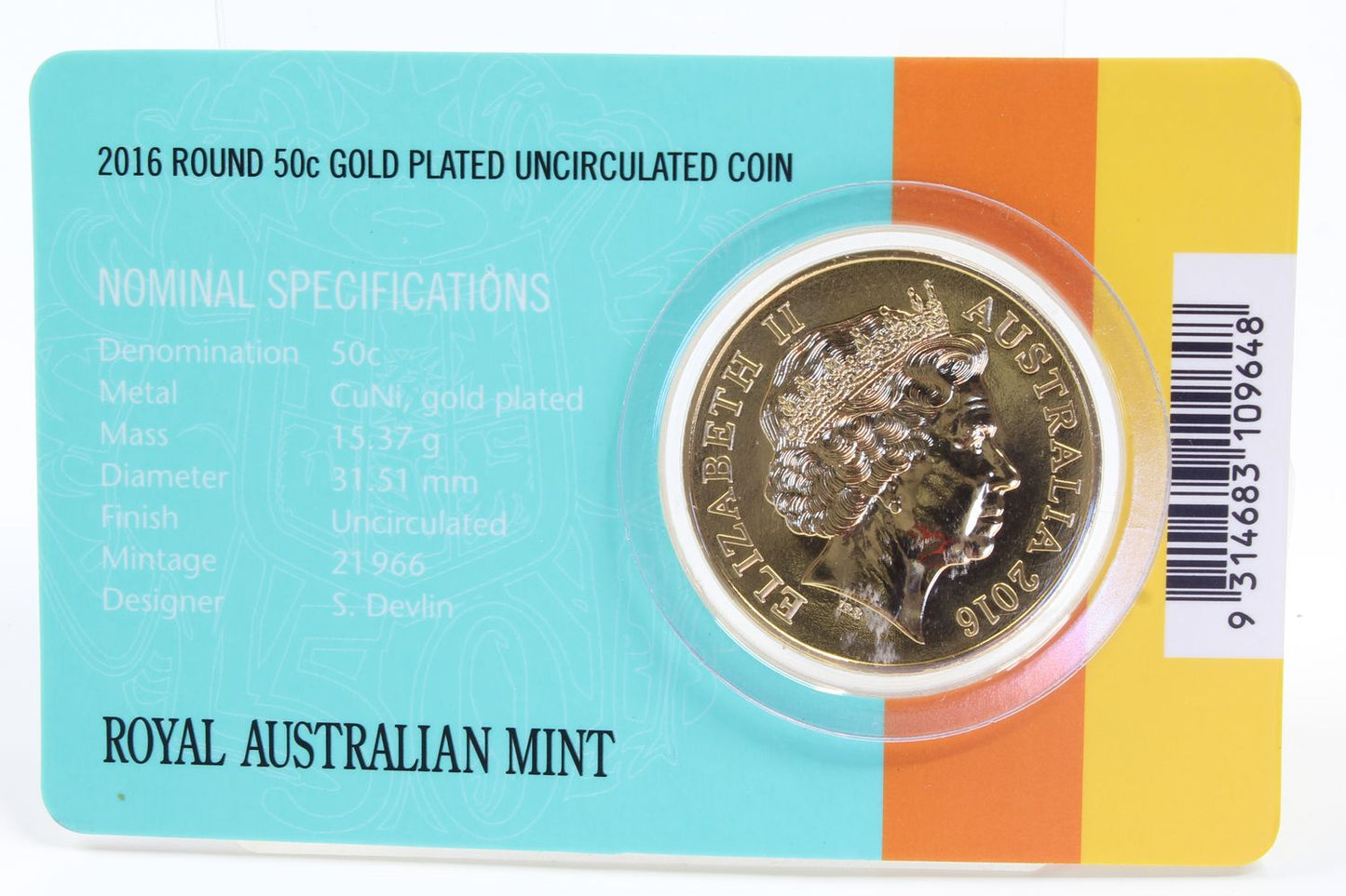 2016 Australia 50th Decimal Currency Round 50 Cent Gold Plated UNC Coin On Card