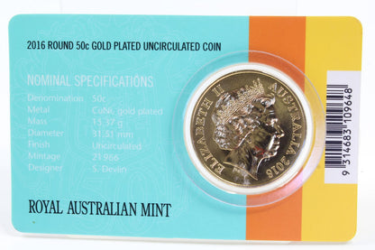 2016 Australia 50th Decimal Currency Round 50 Cent Gold Plated UNC Coin On Card