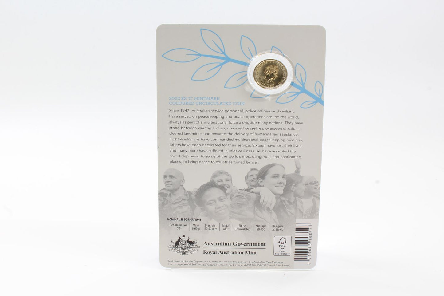 2022 Australia $2 "C" Mintmark 75th Peacekeeping Coloured UNC Coin On Card