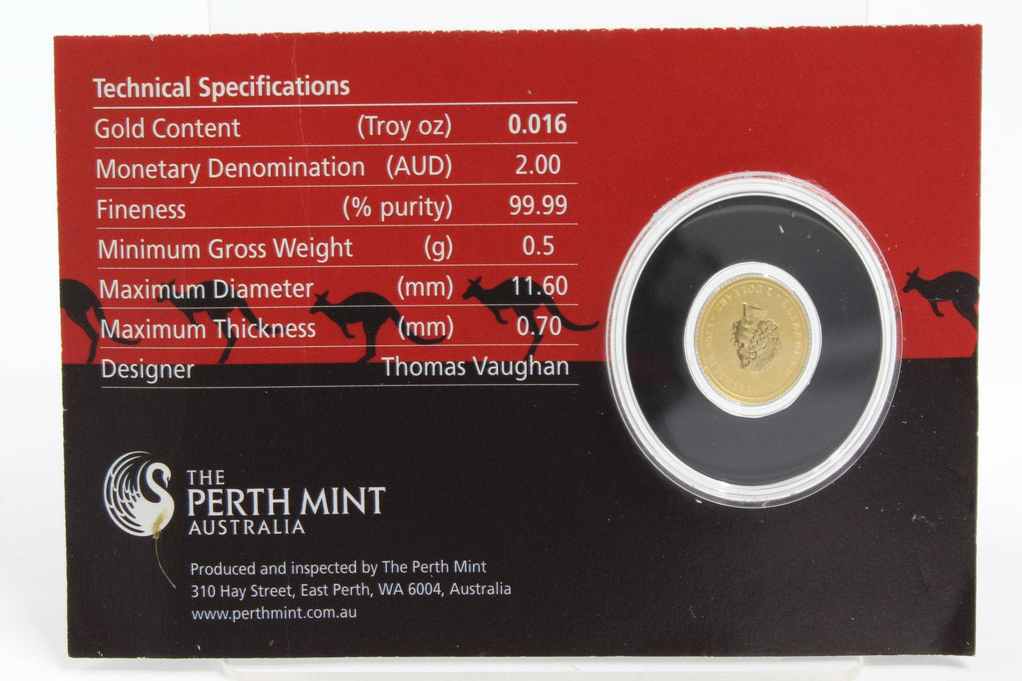 2013 Australia $2 Kangaroo Miniature 0.5 Gram Gold Coin On Card