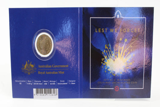 2017 Australia $2 Lest We Forget 'C' Mintmark Coloured UNC Coin On Card