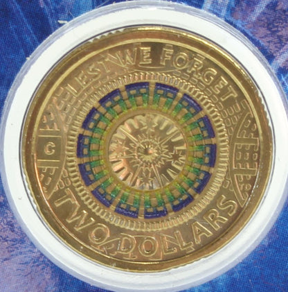 2017 Australia $2 Lest We Forget 'C' Mintmark Coloured UNC Coin On Card