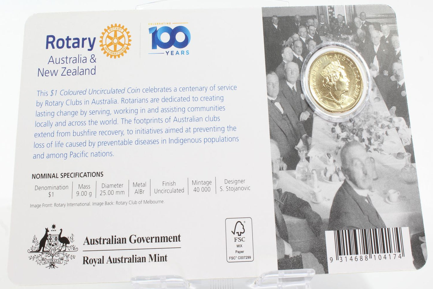 2021 Australia $1 Centenary of Rotary In Australia Coloured UNC Coin On Card X5