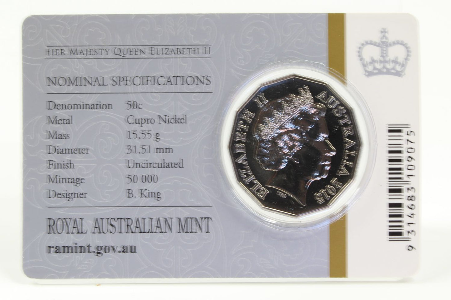 2015 Australia 50Cent Longest-Reigning Commonwealth Monarch UNC Coin On Card