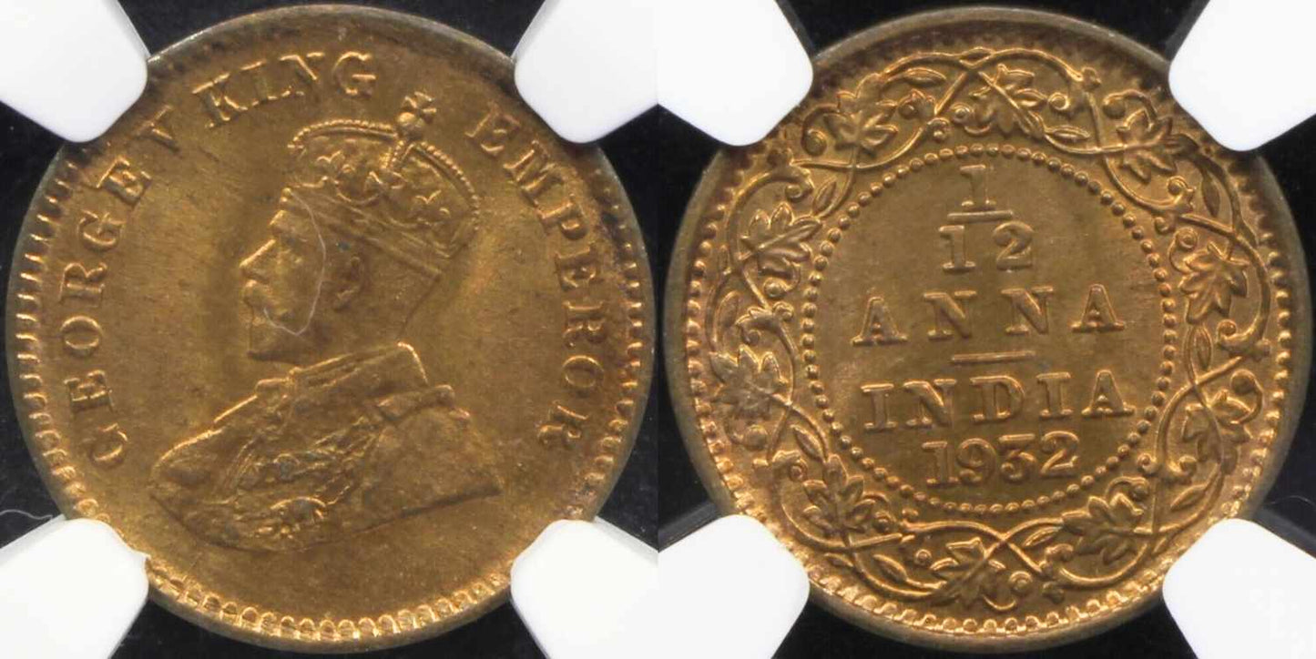 India 1932 Calcutta Mint 1/12 Anna Coin NGC MS 66 RB