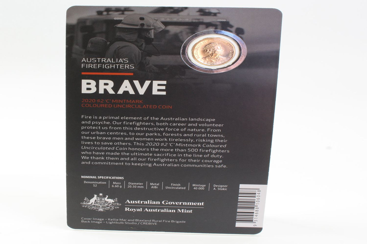 2020 Australia $2 Firefighters Brave Coloured UNC Coin On Card