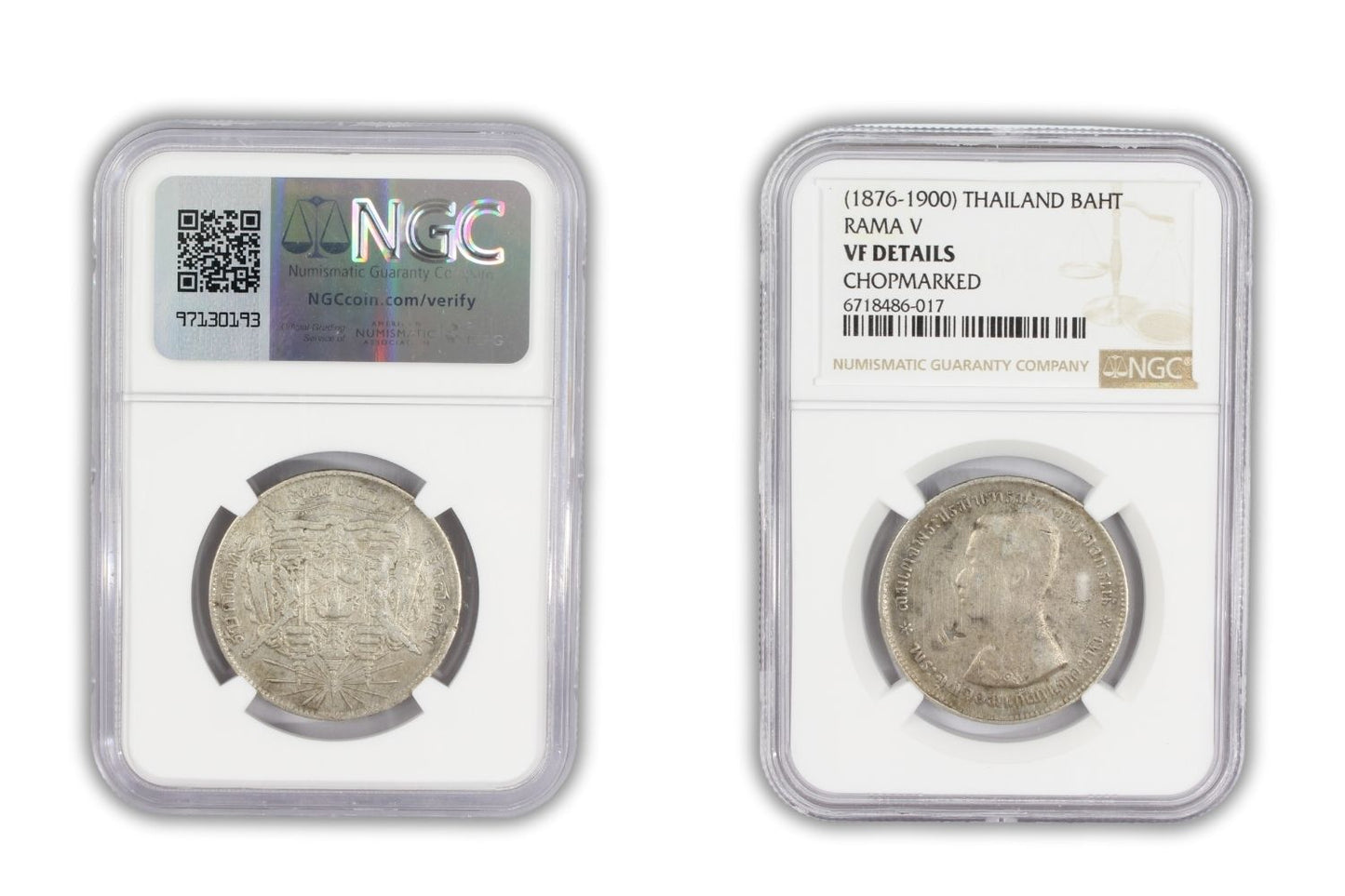 1876-1900 Thailand Bahtrama V Coin NGC VF Details Chopmarked