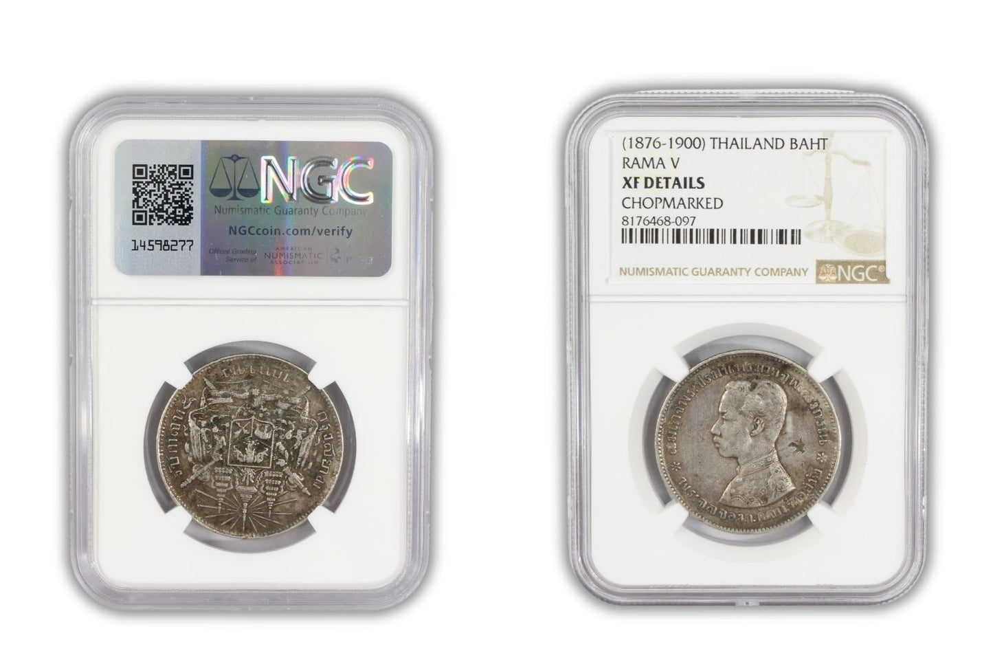 1876-1900 Thailand Bahtrama V Coin NGC XF Details Chopmarked