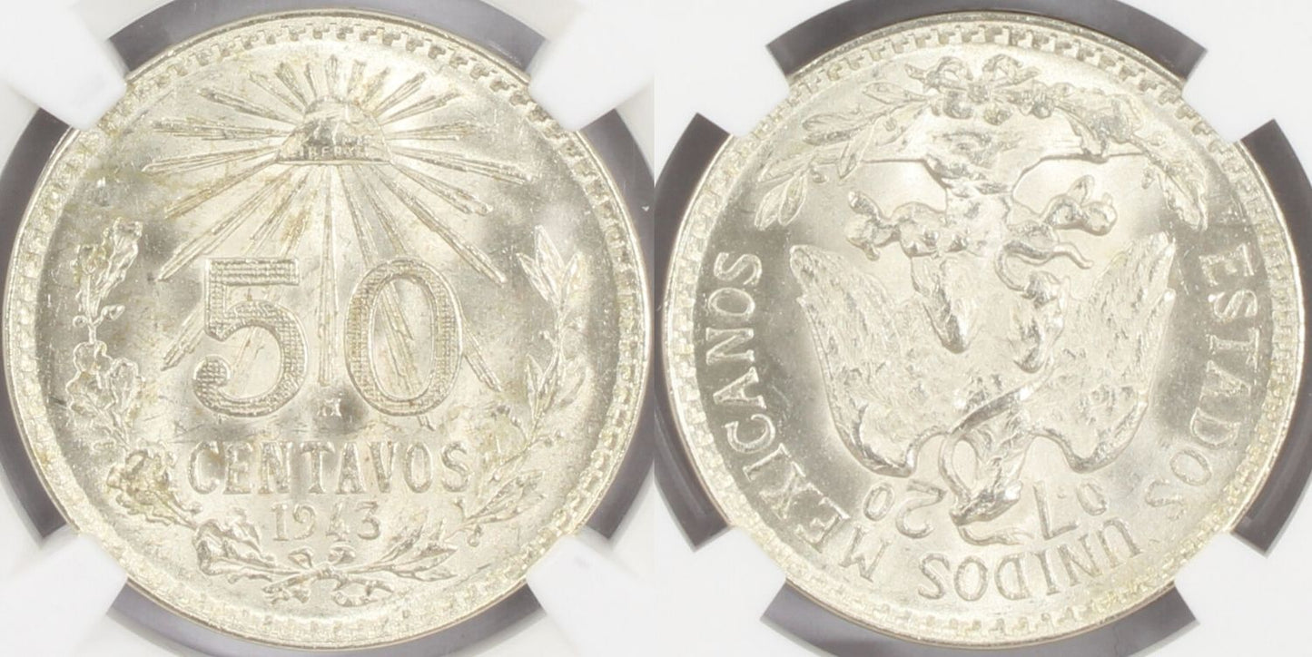 1943M Mexico 50 Centavos Coin NGC MS 66
