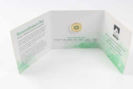 2014 Australia $2 Remembrance Day Coloured Coin On Card