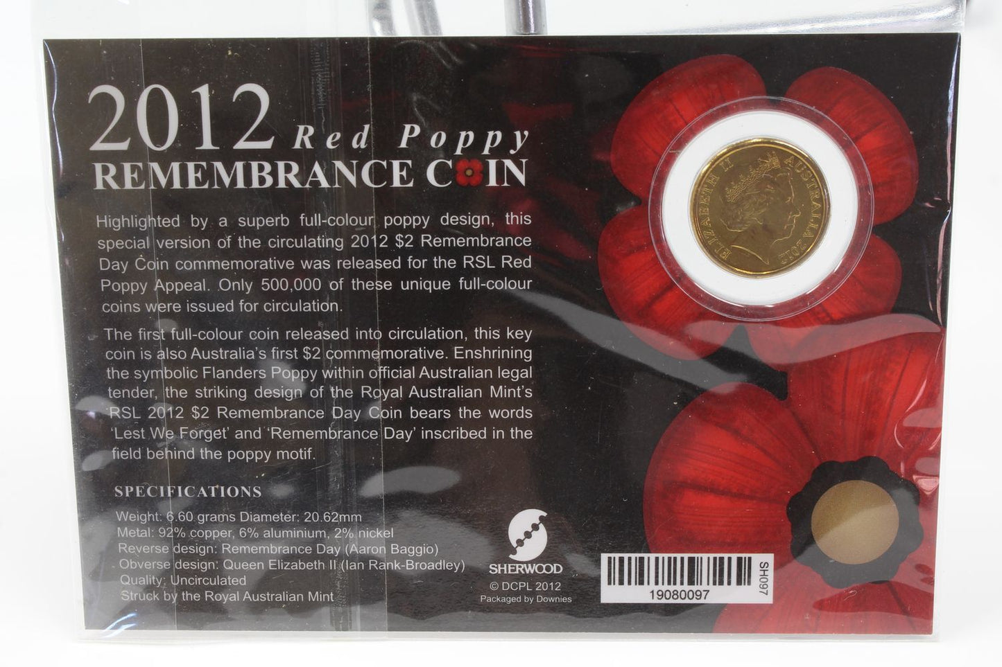 2012 Australia $2 Red Poppy Remembrance Coin On Sherwood Card