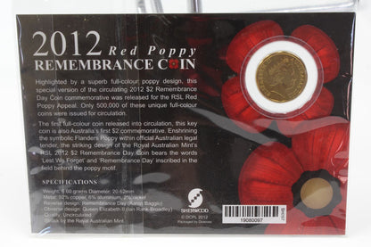 2012 Australia $2 Red Poppy Remembrance Coin On Sherwood Card