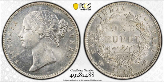 1840 India (C or B) Silver Rupee Coin PCGS MS 63