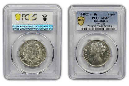 1840 India (C or B) Silver Rupee Coin PCGS MS 63