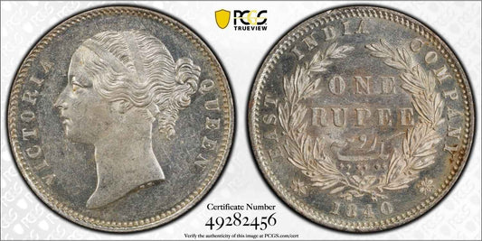 1840 India (C or B) Silver Rupee Coin PCGS MS 61