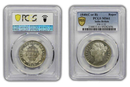 1840 India (C or B) Silver Rupee Coin PCGS MS 61