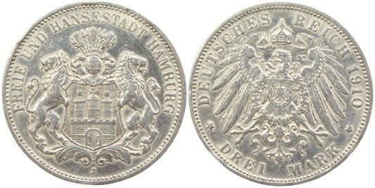 1910 German State Hamburg 3 Mark Coin Details – Cleaned