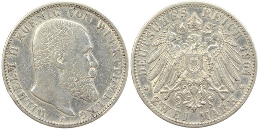 1904 German State Württemberg 2 Mark Coin Details – Cleaned