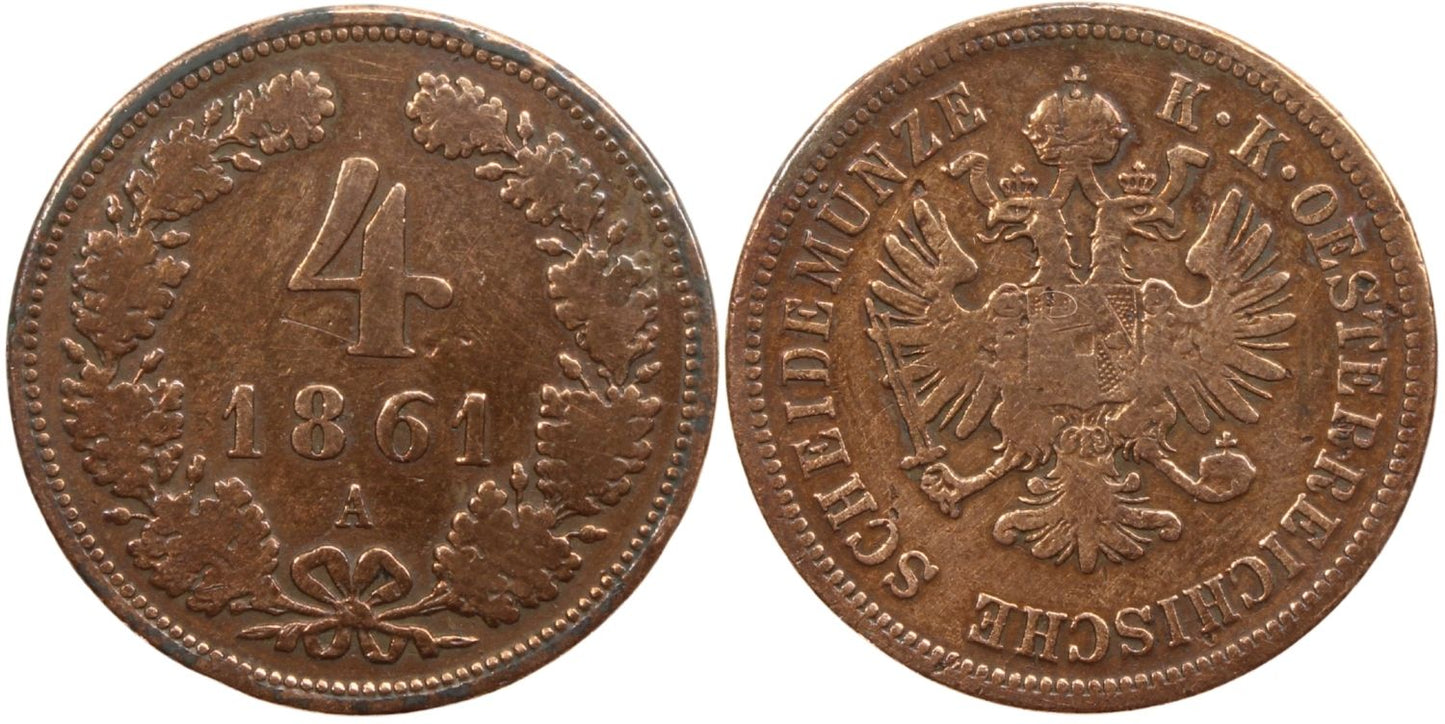 1861A Austria 4 Kreuzer Coin Details – Cleaned