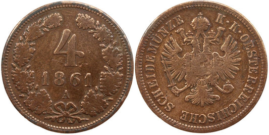 1861A Austria 4 Kreuzer Coin Details – Cleaned